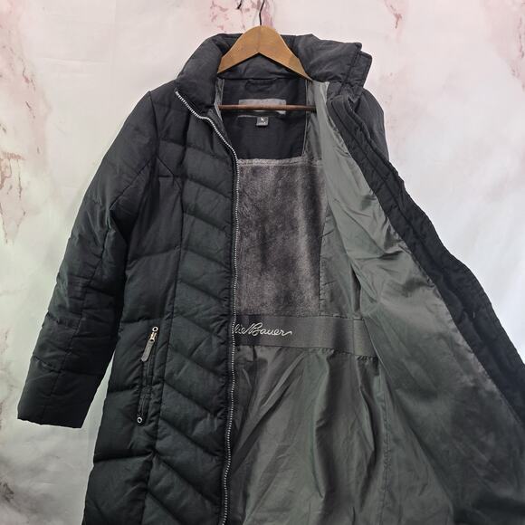 Eddie Bauer Down Puffer Jacket Womens Small Black Parka Coat Long Fleece Lined - Picture 5 of 10